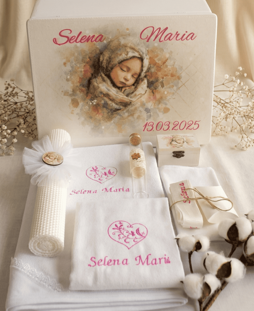 Trusou de botez fete Bebe Dormind personalizat, cu cutie din lemn si set complet brodat