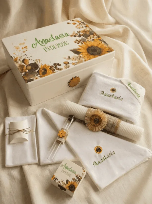 Trusou de botez personalizat Floarea Soarelui, cutie din lemn pictata manual si prosop brodat cu nume
