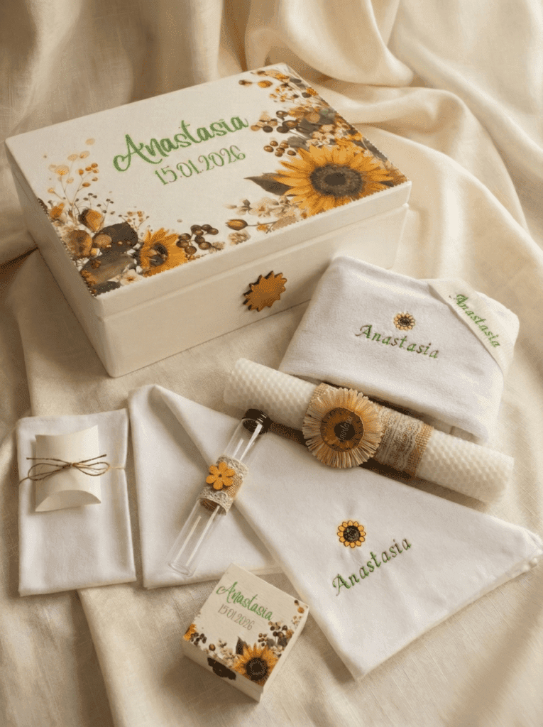 Trusou de botez personalizat Floarea Soarelui, cutie din lemn pictata manual si prosop brodat cu nume