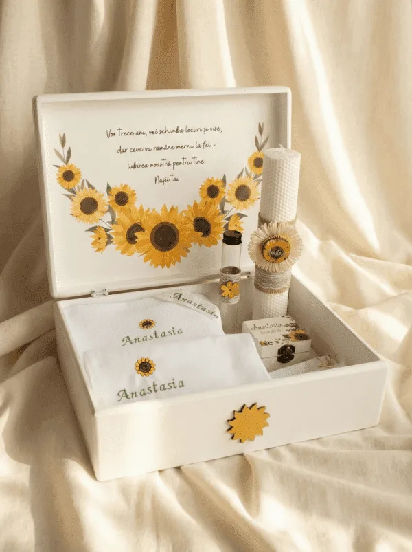 Trusou de botez personalizat Floarea Soarelui, cutie din lemn pictata manual si prosop brodat cu nume