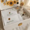 Trusou de botez personalizat Floarea Soarelui, cutie din lemn pictata manual si prosop brodat cu nume