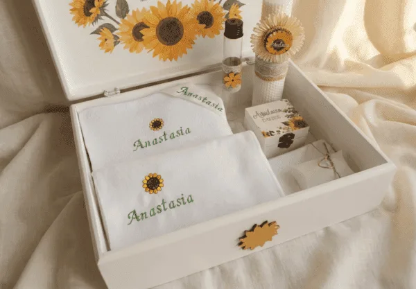 Trusou de botez personalizat Floarea Soarelui, cutie din lemn pictata manual si prosop brodat cu nume