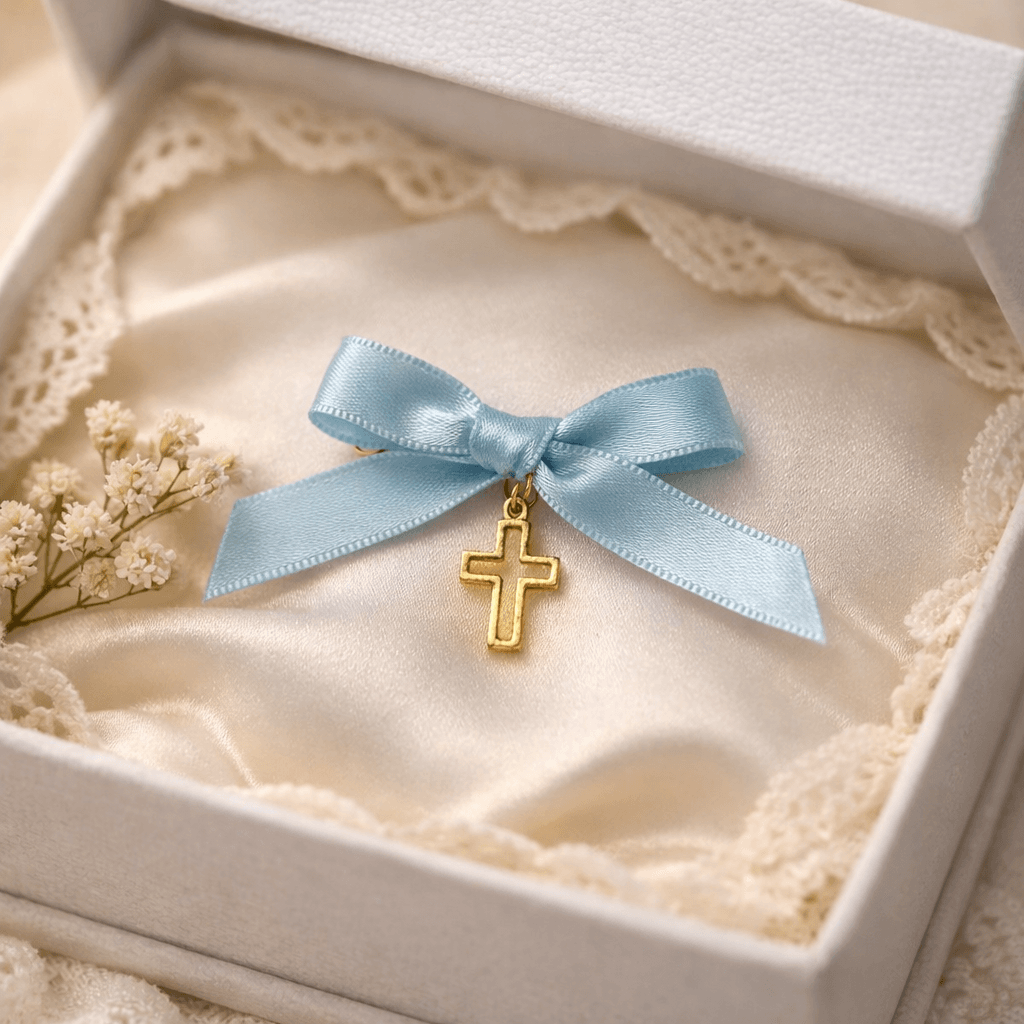 cruciulite botez, auriu, ac de prindere, fundita bleu