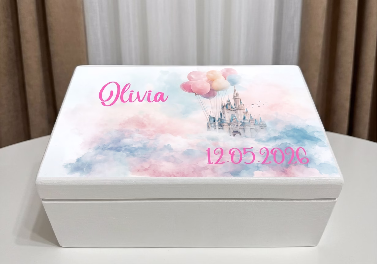 cufar de amintiri prentru fete, cutii de lemn personalizate printese, castel