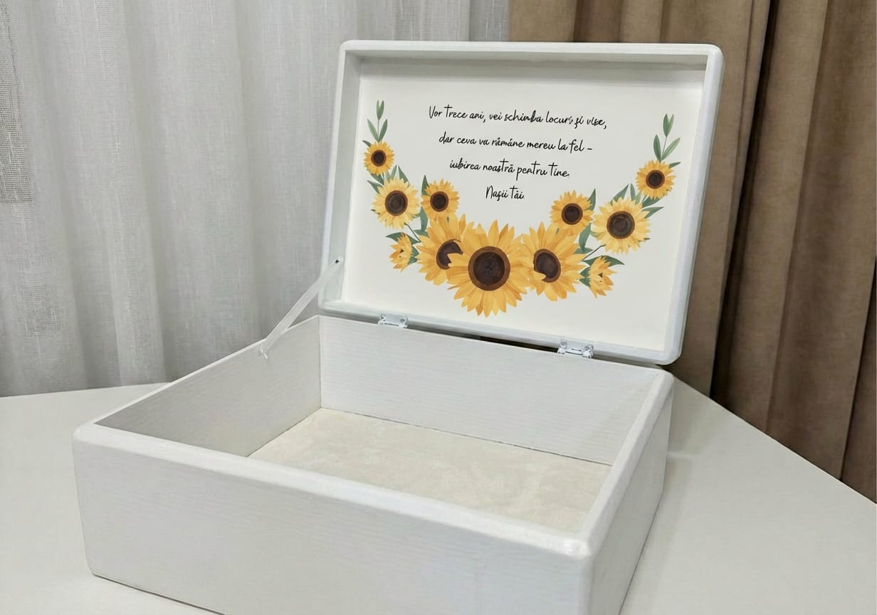 cutie de lemn trusou, cutie trusou personalizata, trusou floarea soarelui