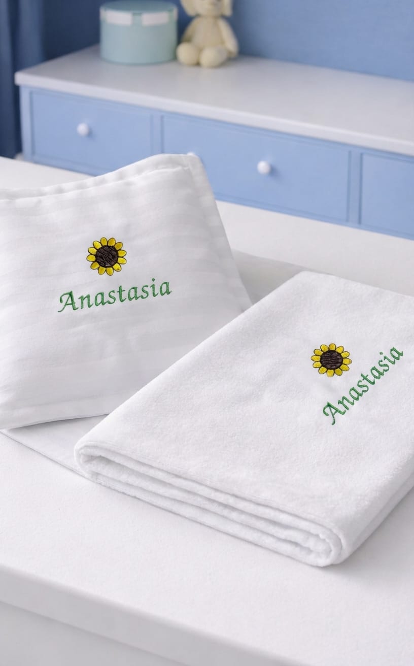 lenjerie patut floarea soarelui, perna cearsaf paturica, personalizate, broderie, lenjerie cu nume