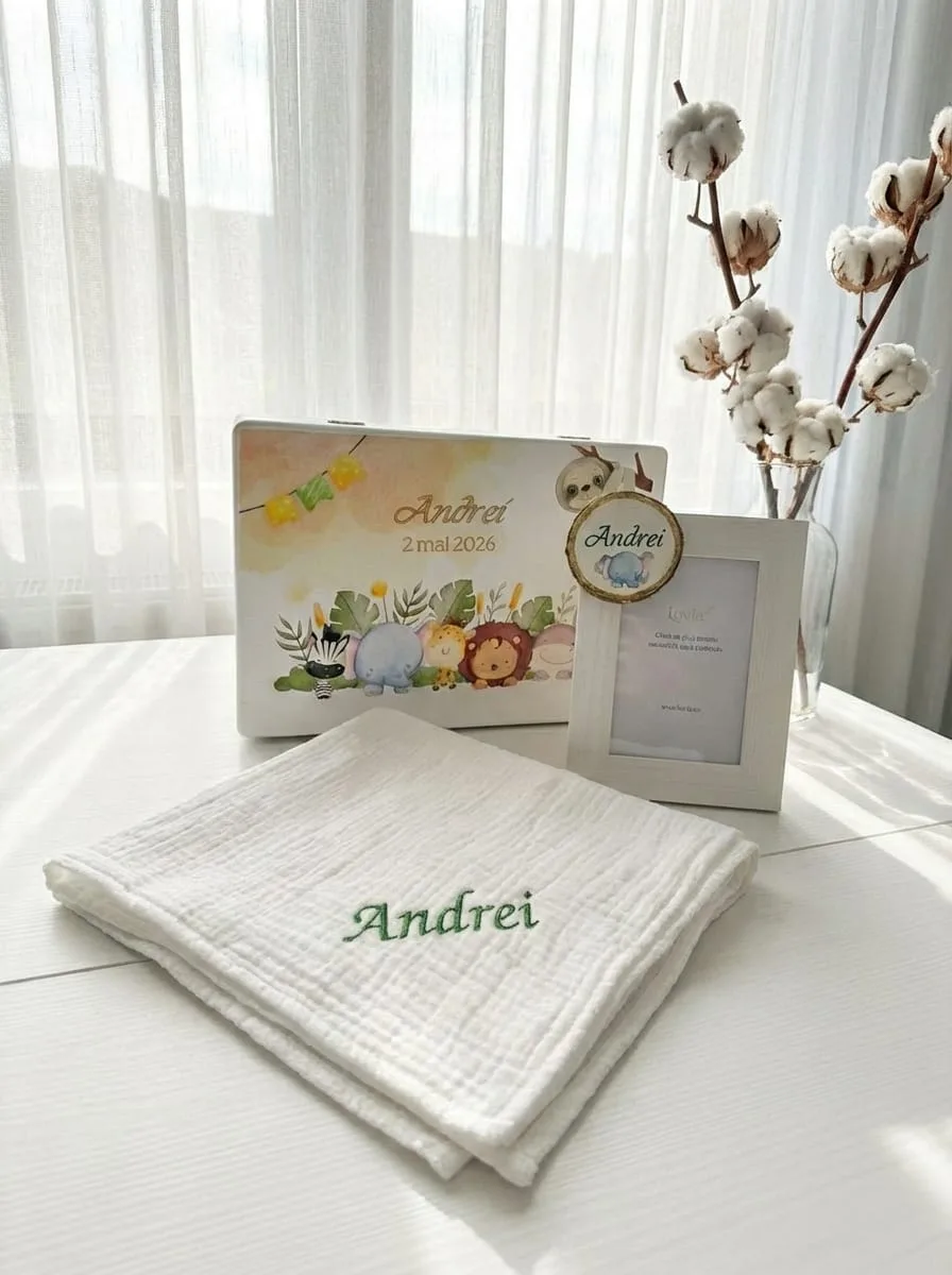 set cadou baieti safari, cutie lemn amintiri, cadou botez baiat