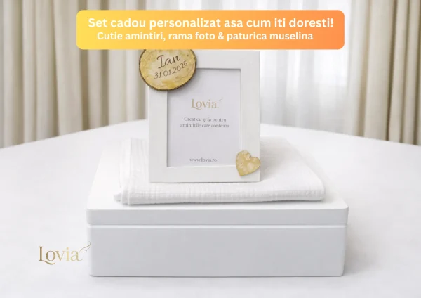 set cadou copii botez aniversare, paturica muselina, rama foto, cutie de lemn personalizata set cadou personalizat cutie amintiri paturica muselina 4 straturi si rama foto bebelusi