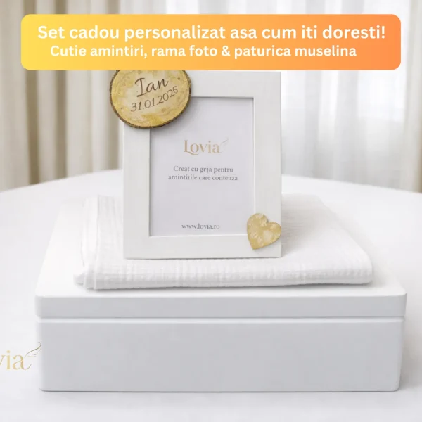 set cadou copii botez aniversare, paturica muselina, rama foto, cutie de lemn personalizata set cadou personalizat cutie amintiri paturica muselina 4 straturi si rama foto bebelusi