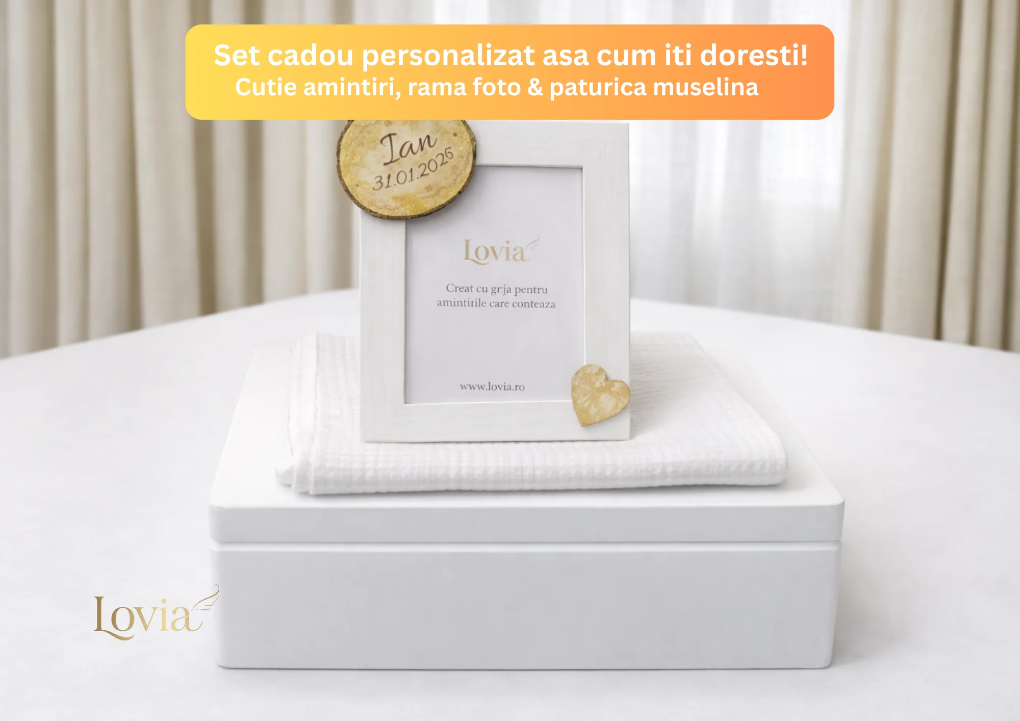set cadou personalizat cutie amintiri paturica muselina 4 straturi si rama foto bebelusi