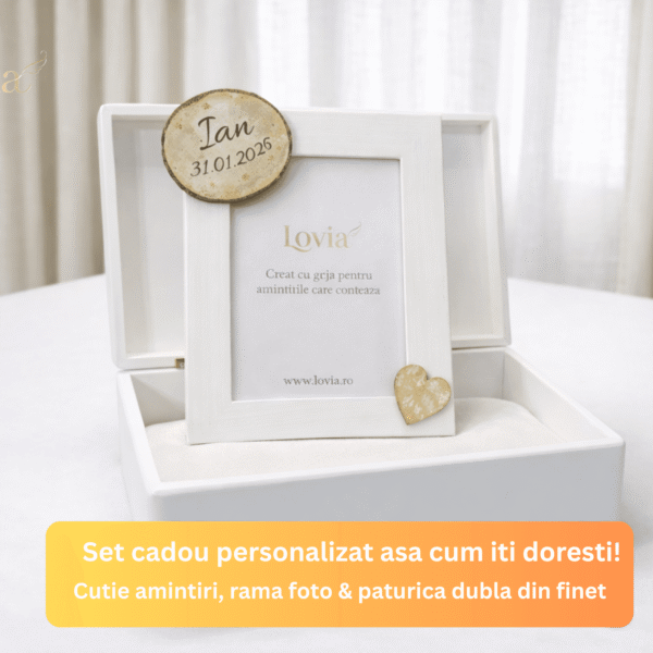 set cadou personalizat cutie amintiri paturica finet dublu si rama foto bebelusi