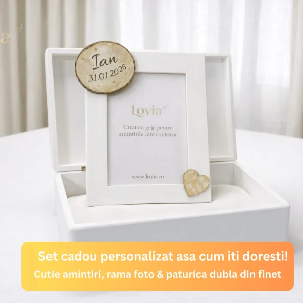 set cadou cutie lemn personalizata, paturica personalizata copii, rama foto set cadou personalizat cutie amintiri paturica finet dublu si rama foto bebelusi