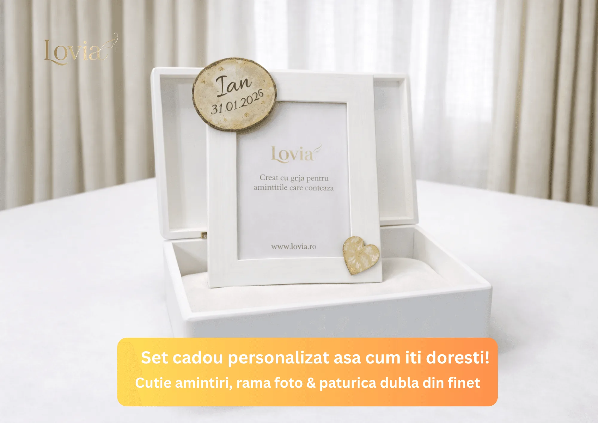 set cadou personalizat cutie amintiri paturica finet dublu si rama foto bebelusi