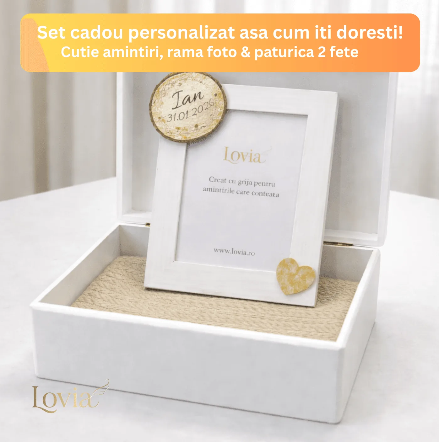 set cadou personalizat cutie amintiri paturica spic muselina si rama foto bebelusi