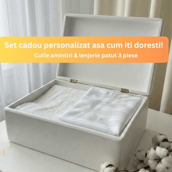 set cadou personalizat unicat, cutie lemn, lenjerie patut personalizata
