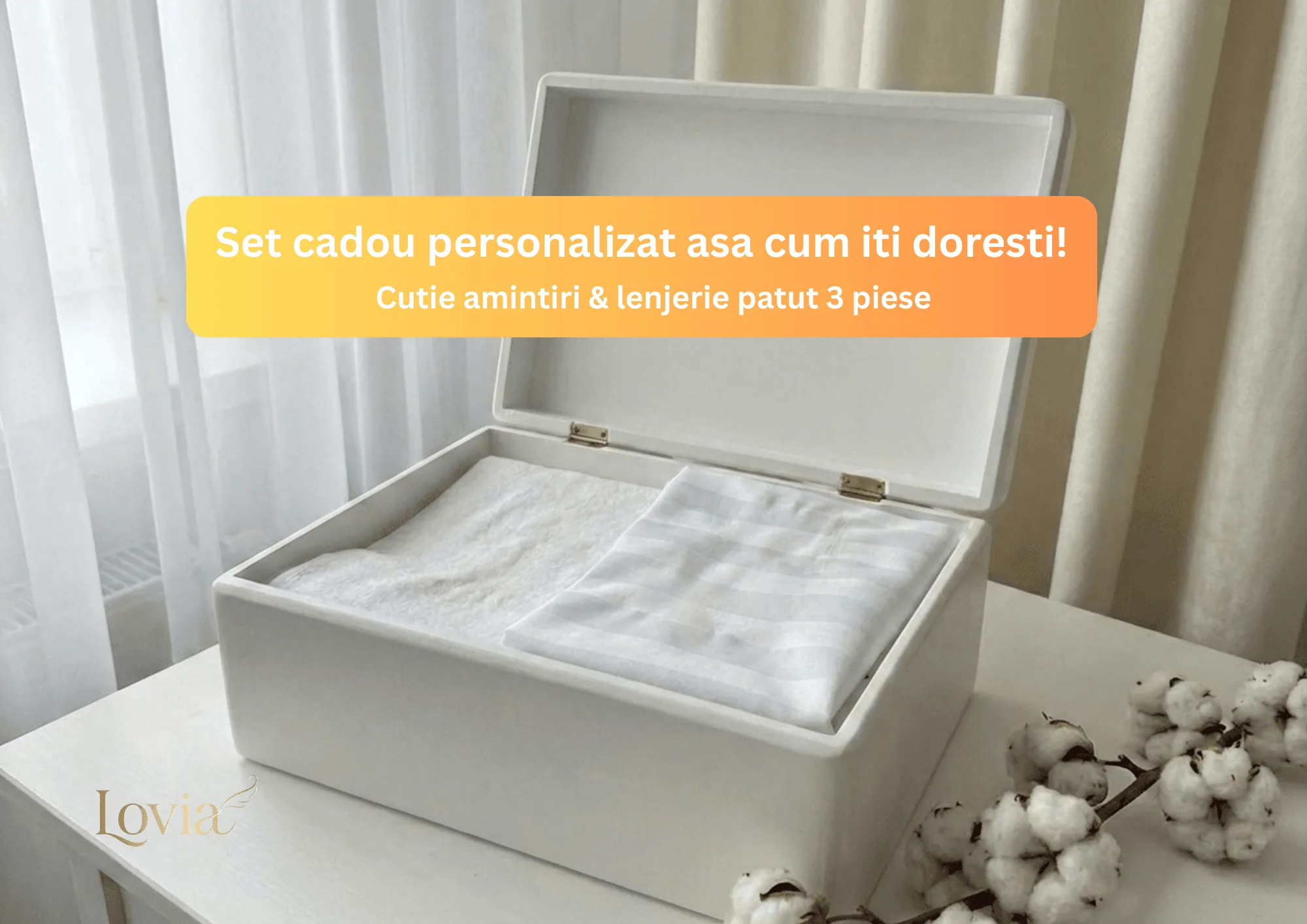 set cadou personalizat unicat, cutie lemn, lenjerie patut personalizata