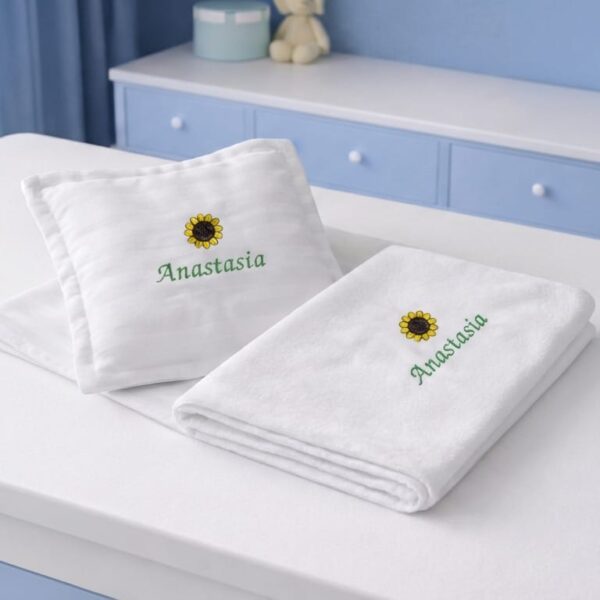 set lenjerie patut 3 piese personalizat cu nume, floarea soarelui