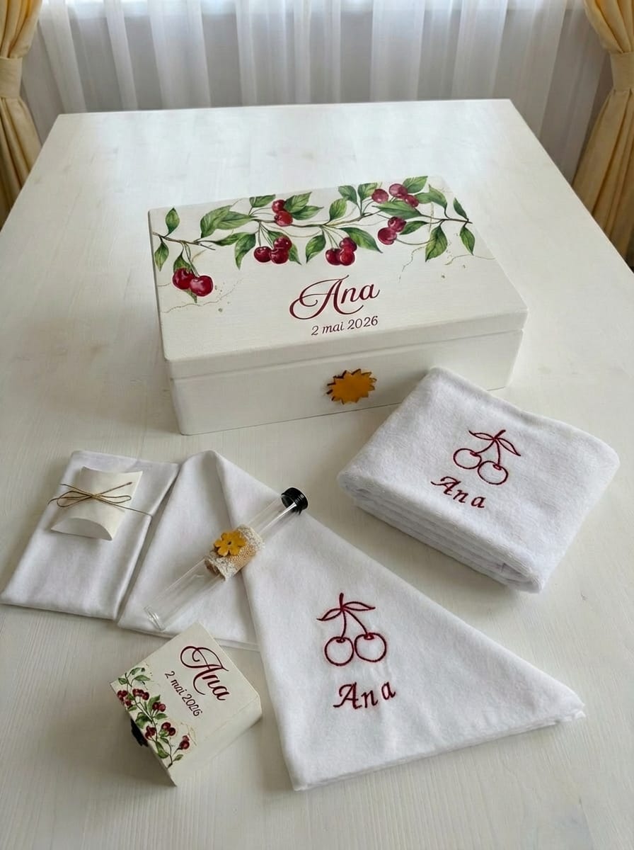 trusou botez, trusou botez cu cirese, trusou tema primavara, trusou fructe, handmade, broderie trusou botez, trusou botez cu cirese, trusou tema primavara, trusou fructe, handmade, broderie