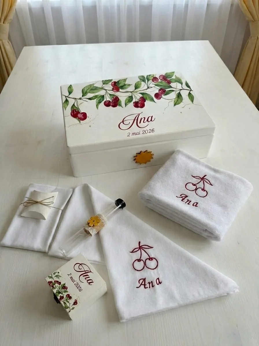 trusou botez, trusou botez cu cirese, trusou tema primavara, trusou fructe, handmade, broderie