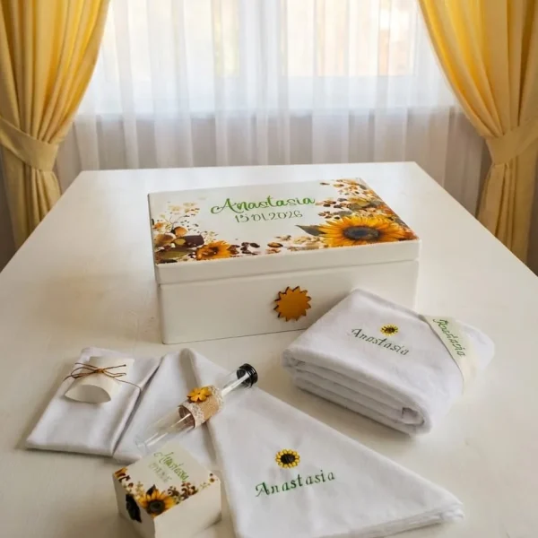 trusou botez floarea soarelui, trusou fara lumanare, trusou biserica, trusou personalizat