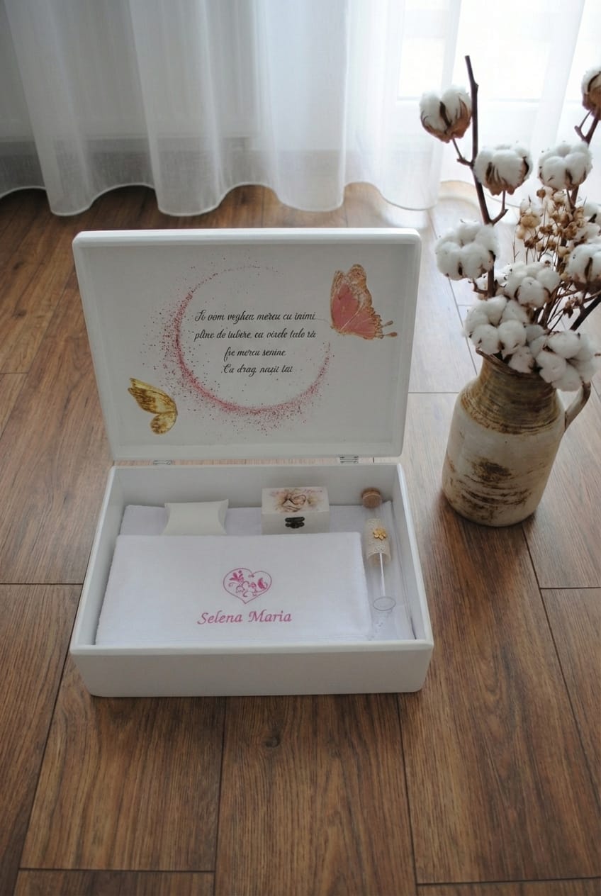 trusou botez pentru fete, trusou cutie de lemn