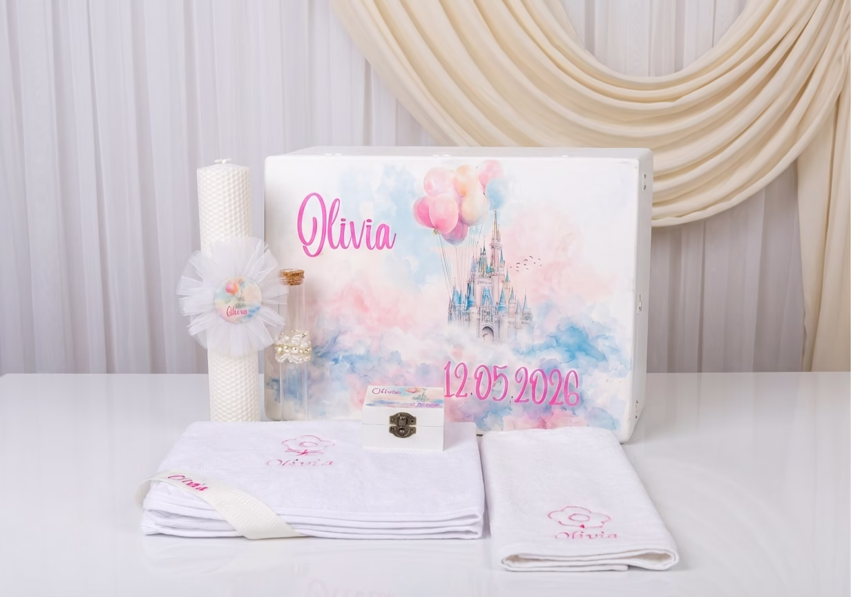 trusou complet castel cu baloane, trusou fete, trusou cutie lemn, personalizat