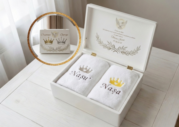 Set cutie de amintiri + 2 prosoape de fata si felicitare, cadou nasi botez