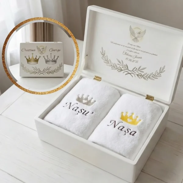 Set cutie de amintiri + 2 prosoape de fata si felicitare, cadou nasi botez Set cutie de amintiri + 2 prosoape de fata si felicitare, cadou nasi botez