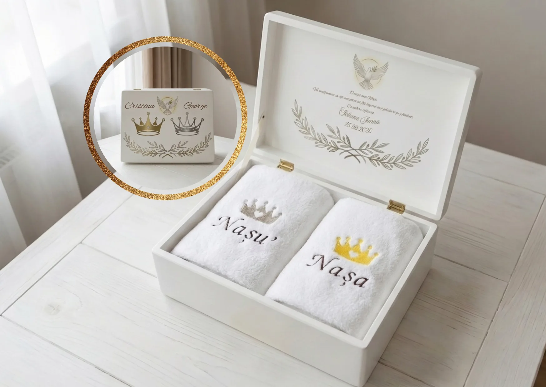 Set cutie de amintiri + 2 prosoape de fata si felicitare, cadou nasi botez