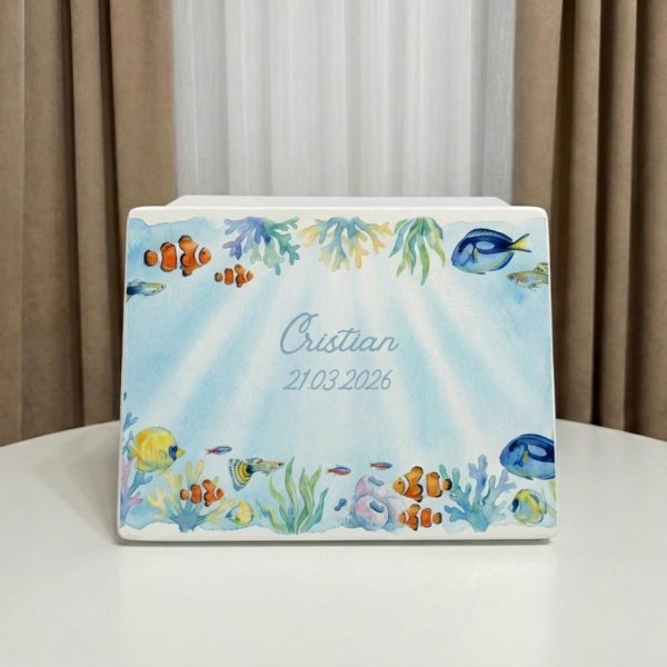 cutie amintiri acvariu, cadou baiat personalizat, cutie lemn cu pesti, cutie cu nume