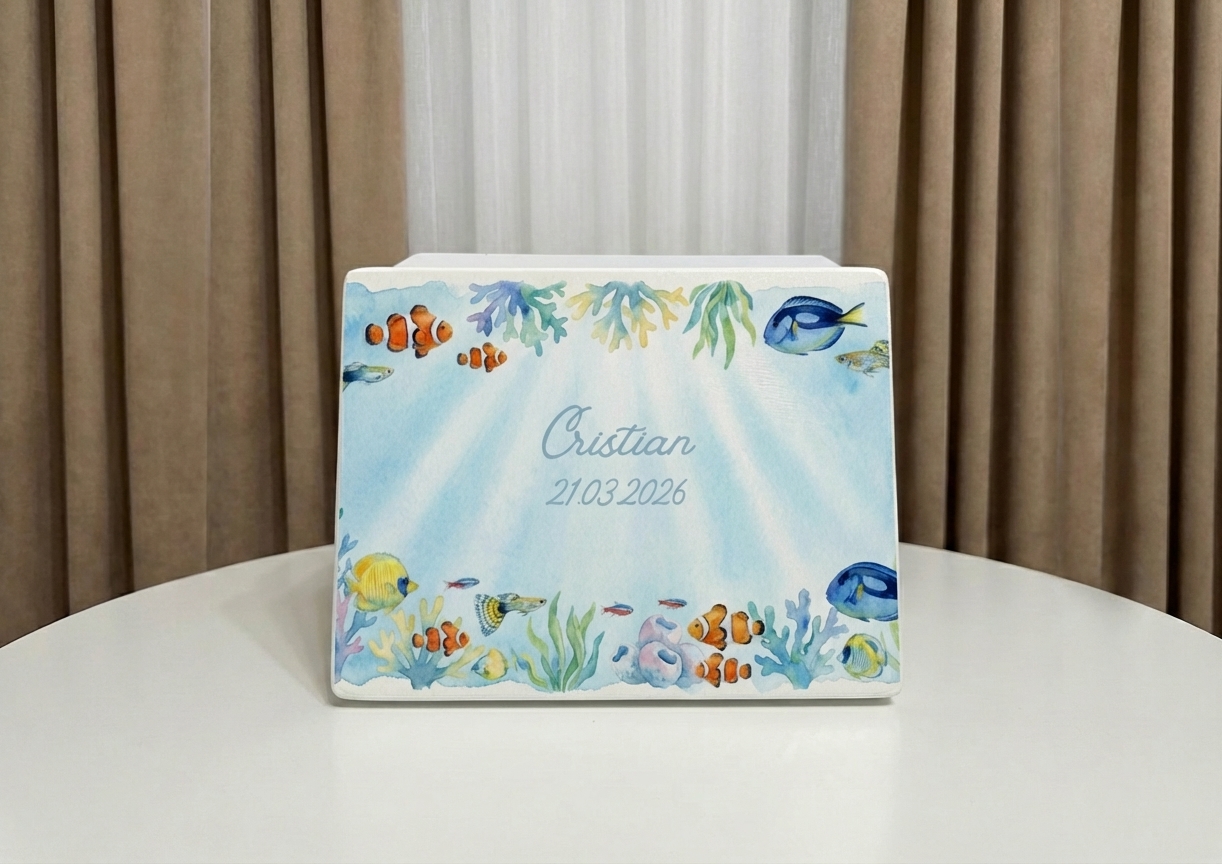 cutie amintiri acvariu, cadou baiat personalizat, cutie lemn cu pesti, cutie cu nume