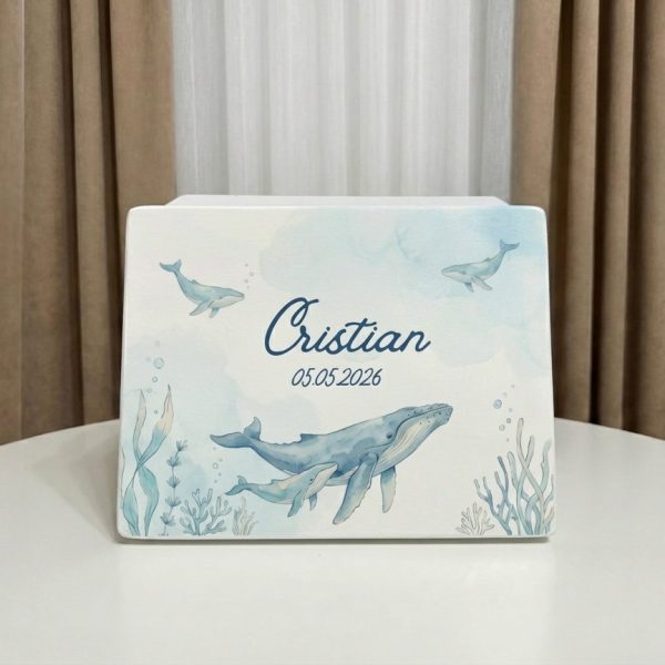 cutie amintiri balene, cutie personalizata pesti, cutie trusou model marin