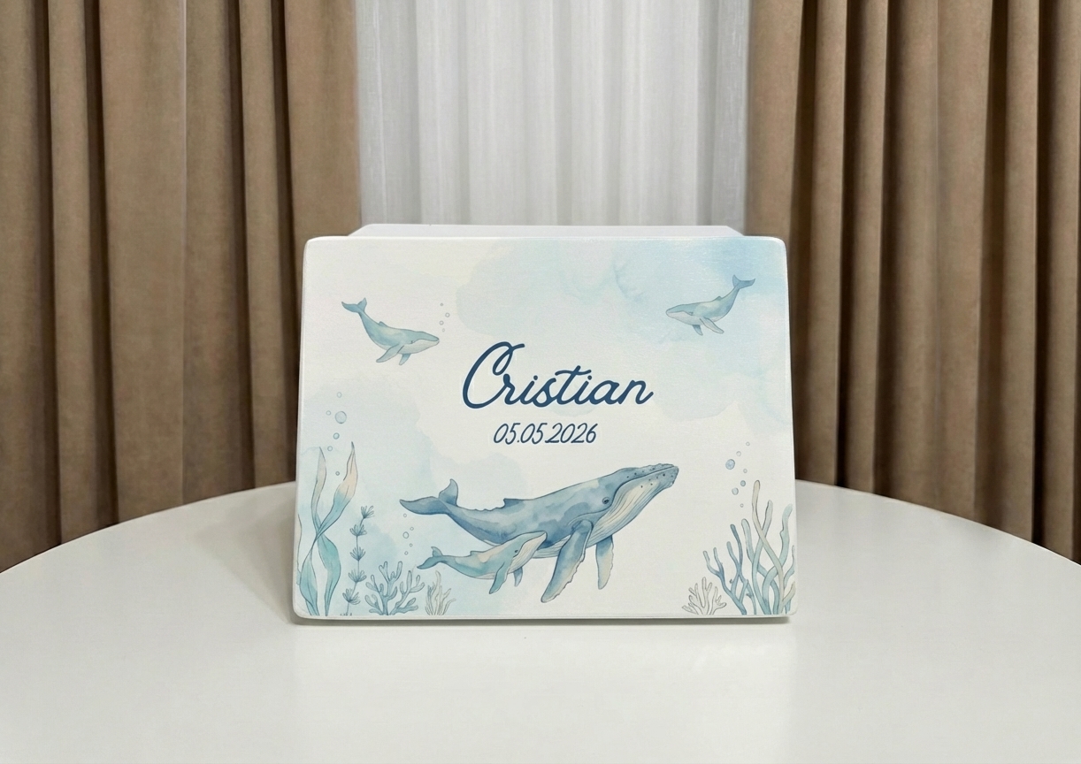 cutie amintiri balene, cutie personalizata pesti, cutie trusou model marin