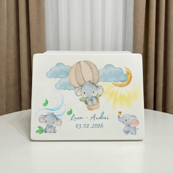 cutie amintiri elefantel, balon cu aer cald, cutie de lemn personalizata cu elefant, baloane