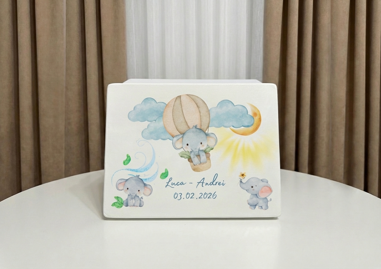 cutie amintiri elefantel, balon cu aer cald, cutie de lemn personalizata cu elefant, baloane