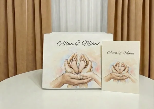 cutie de amintiri cu felicitare, cadou nasi Set Cadou Nasi Botez, Cutie Personalizata + 2 Prosoape Brodate + Felicitare, Model Recunoștință și Legământ