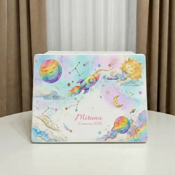 cutie de amintiri curcubeu, cutie amintiri spatiu, cadou copil personalizat