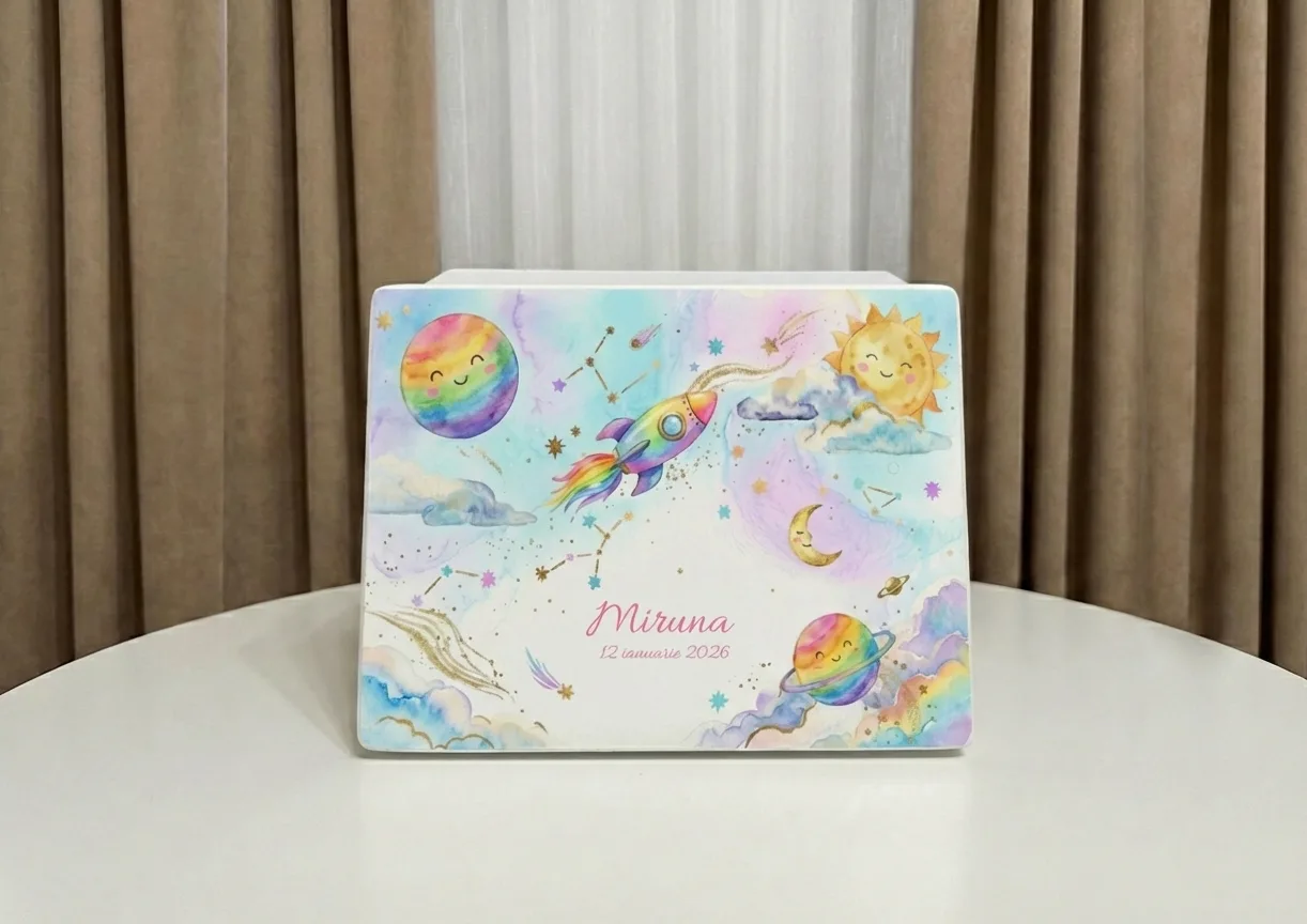 cutie de amintiri curcubeu, cutie amintiri spatiu, cadou copil personalizat