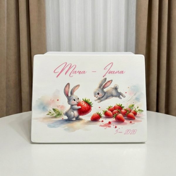cutie de amintiri iepurasi, cutie personalizata capsuni, cutie trusou botez, cutie lemn