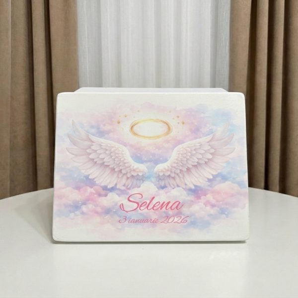 cutie de amintiri inger, cutie de lemn aripi de inger, cutie trusou botez fata