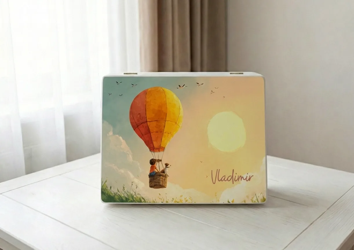 cutie de amintiri micul aventurier, cutie cadou balon cu aer cald, cadou copil