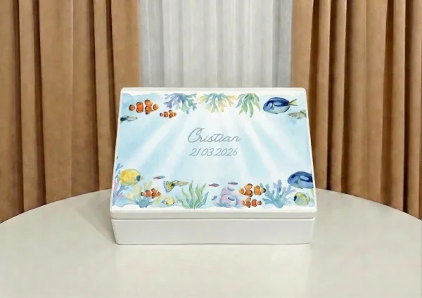 cutie lemn personalizata, trusou cu pesti, acvariu