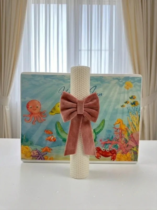 lumanare roz fete cu catifea, lumanare personalizata botez fata