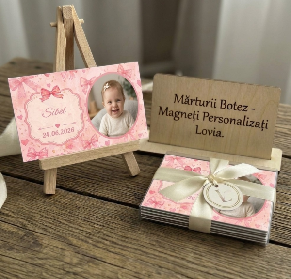 marturii botez fata, magneti botez cu poza, fundite roz