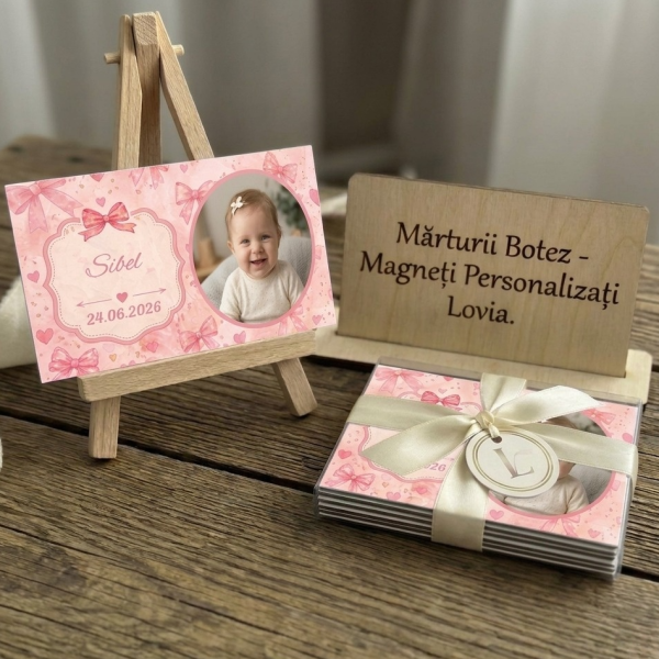 marturii botez fata, magneti botez cu poza, fundite roz