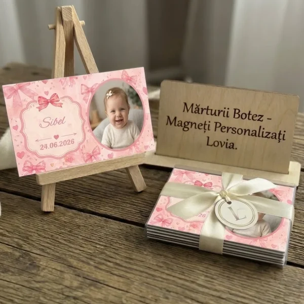 marturii botez fata, magneti botez cu poza, fundite roz
