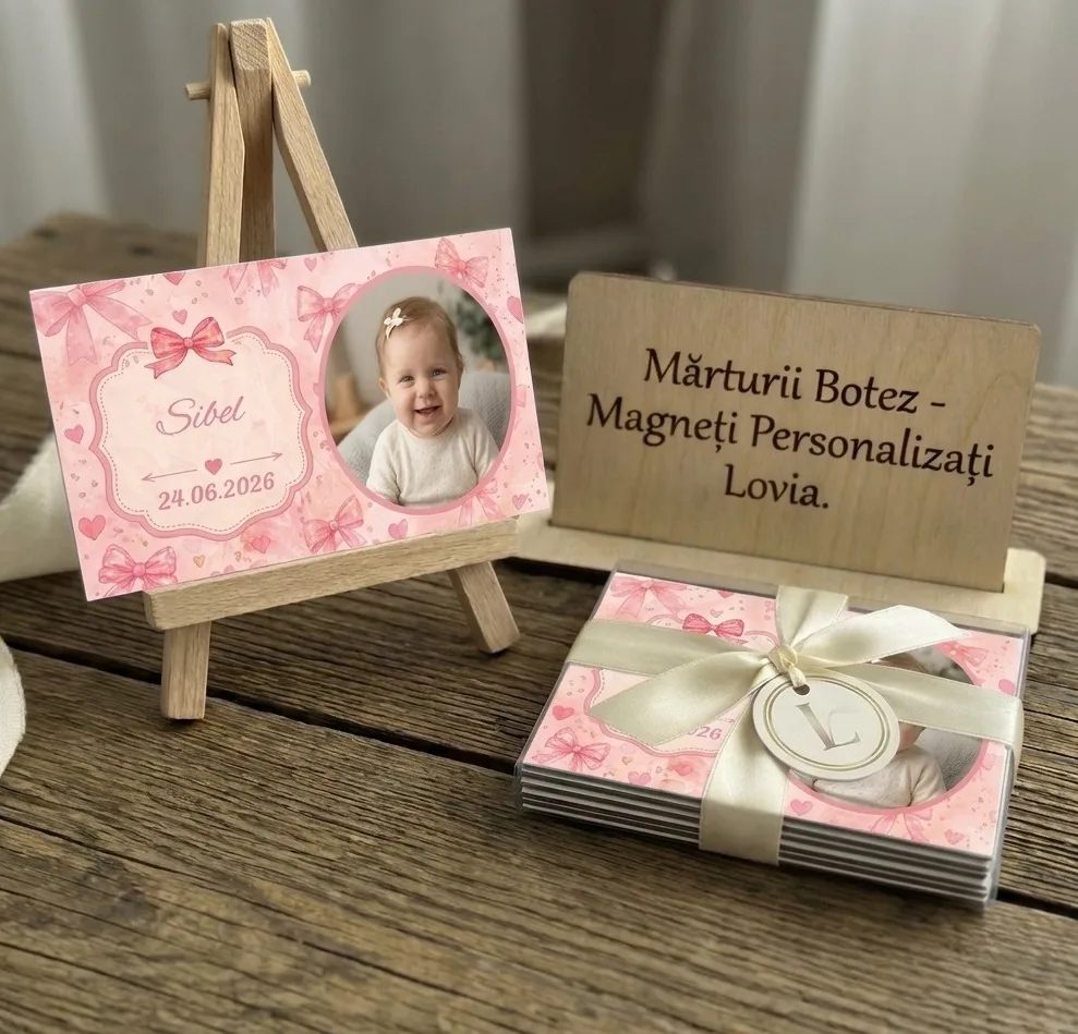 marturii botez fata, magneti botez cu poza, fundite roz