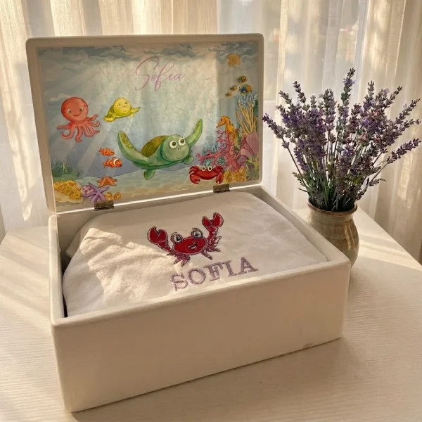 set scos din maternitate, cadou bebelus prima vizita, cadou de la nasi, cadou bebelusi cutie lemn