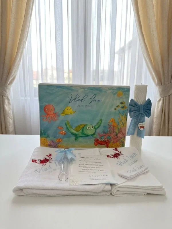 trusou botez cu pesti, trusou botez corali, pesti, tema marina