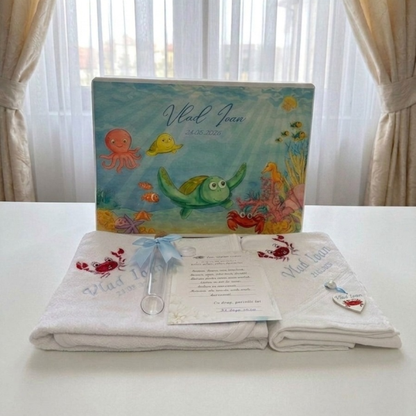 trusou botez tema marina, trusou fara lumanare, trusou in cutie de lemn cu pesti
